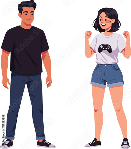 Casual fashion, youth culture, expressive pose, gaming t-shirt, denim outfit, cheerful mood, character design, modern style, sneakers, lifestyle
