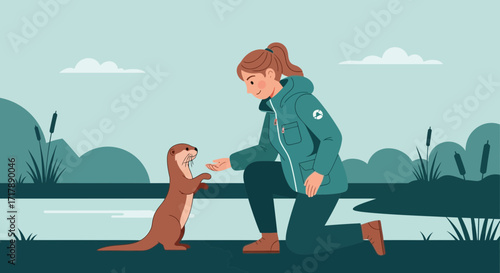 Kindred Otter And Young Woman Create A Wonderful Partnership In Nature's Calm Setting