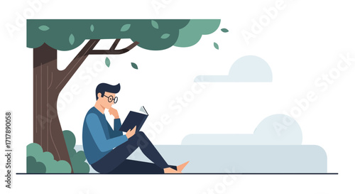 Man Reading Under Tree On Sunny Day, Contemplative Scene In Nature Setting