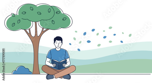 Man Reading Under a Tree in Park Peaceful Scene Perfect For Calmness And Relaxation