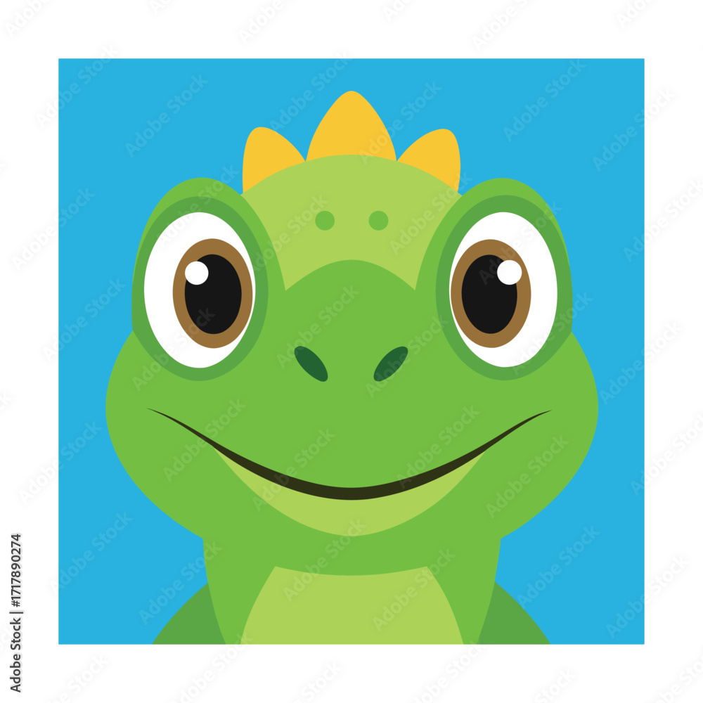 Fototapeta premium Close-up cartoon illustration of a green dragon's face Keywords: dragon, dinosaur, reptile