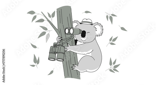 Koala With Binoculars Observing the Environment in Simple Black and White Drawing