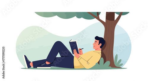 Man Relaxing And Writing In A Book Under A Lush Tree In A Peaceful Setting