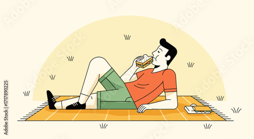 Man Relaxes Outdoors Enjoying Delicious Sandwich during a Sunny Picnic Moment