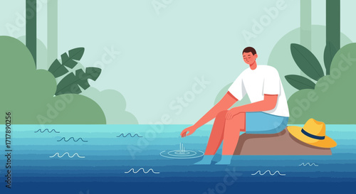 Man Relaxing Beside Water enjoying Nature Freshness, Calmness and Natural Ambiance