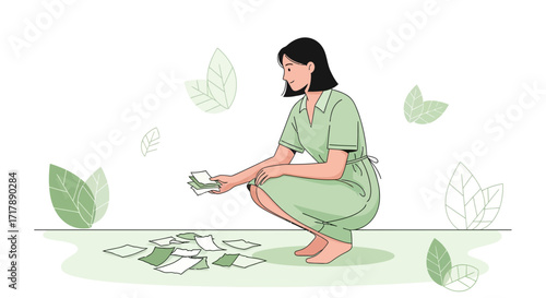 Lady Concentrating On Paperwork Surrounded By Green Leaves And Natural Environment