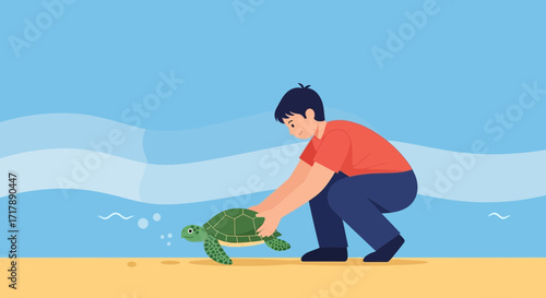 Man Releasing A Green Sea Turtle Back Into The Ocean On A Sunny Beachfront Day