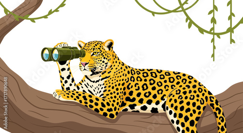 Leopard Scoping Through Binoculars While Resting On A Tree Branch In The Wilderness