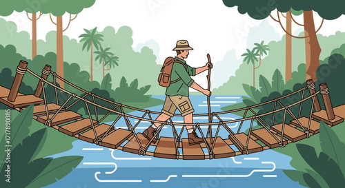 Man Traversing Rope Bridge in Lush Jungle with Hiking Gear, Nature Adventure, Illustration