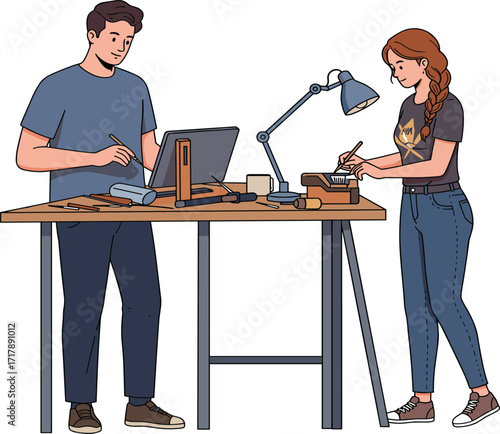 Collaborative DIY workspace, laptop and soldering tools, creative teamwork, electronics project, engineering, crafting, animated characters, innovation, learning, productive environment