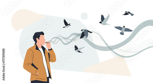 Man Whistles, Birds Emerge From His Breath: Abstract Artistic Vector Illustration
