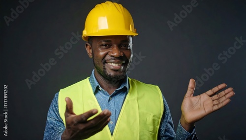 Smiling construction worker with open arms, wearing a yellow hardhat and a green reflective vest, studio shot
