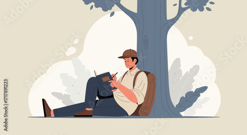 Man Writes In Notebook While Relaxing Under A Tree In The Refreshing Nature