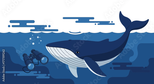 Marine Life Illustration Featuring a Whale Swimming in the Deep Sea with Binoculars