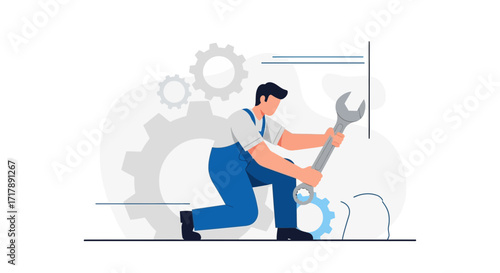 Mechanic Gripping Wrench in Front of Gears, Representing Mechanical Assistance