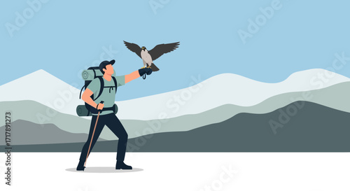 Majestic Falconer In Action, Showcasing Avian Friend Among Mountainous Landscape