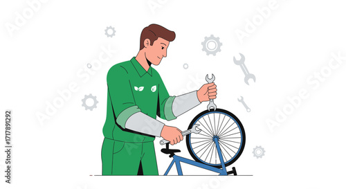 Mechanic Repairing Bicycle Wheel Depicting Sustainable Transportation And Eco-Friendly Repair