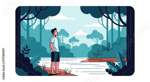 Man Admiring Nature Amidst Trees and River In Serene Landscape Illustration