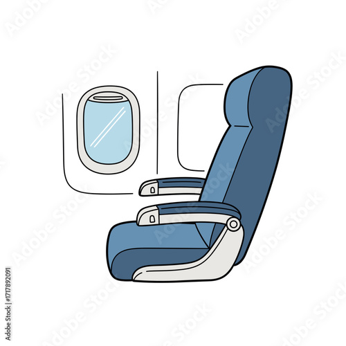 Airplane seat next to window in simple line art design  