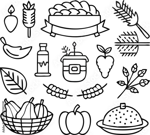 Fruits, leaves, harvest, Thanksgiving decorations. Black line vector illustration.