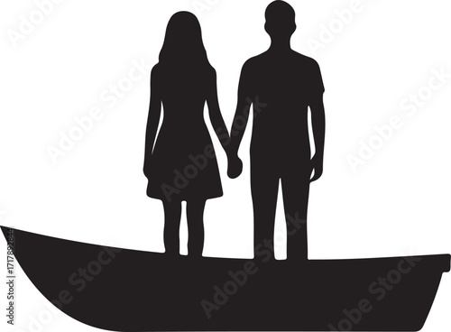 Solid black silhouette couple standing hand in hand on boat
