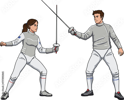 Fencing duel between athletes, sword combat stance, protective gear, agility and precision, competitive sport, martial discipline, indoor training, strategic movement