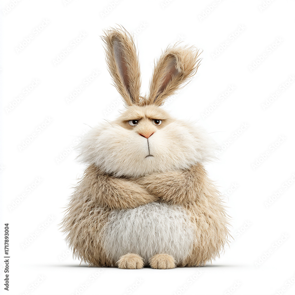 Fototapeta premium Fluffy rabbit with a serious expression sitting on a white background during a playful animation scene