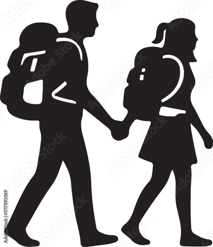 Solid black silhouette couple traveling with backpacks holding hands