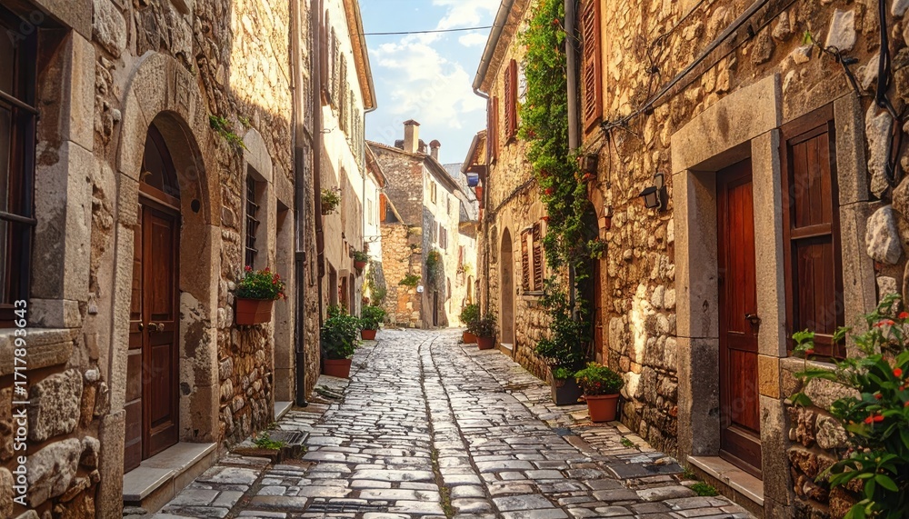 Fototapeta premium Narrow Cobblestone Street with Stone Buildings and Flower Pots in Historic European Town on Sunny Day