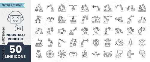 Industrial Robotic line icons set with editable stroke. Contains industrial robotics technology and automation applications. Vector illustration