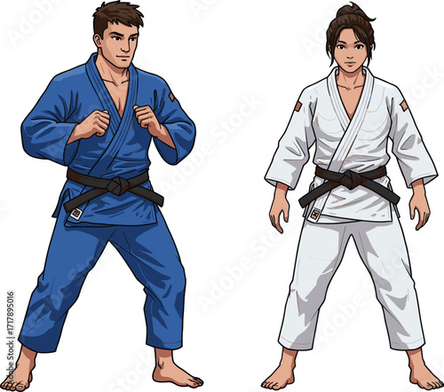 Judo athletes in ready stance, blue and white gi, black belt martial arts, discipline, posture, training, combat sport, focus