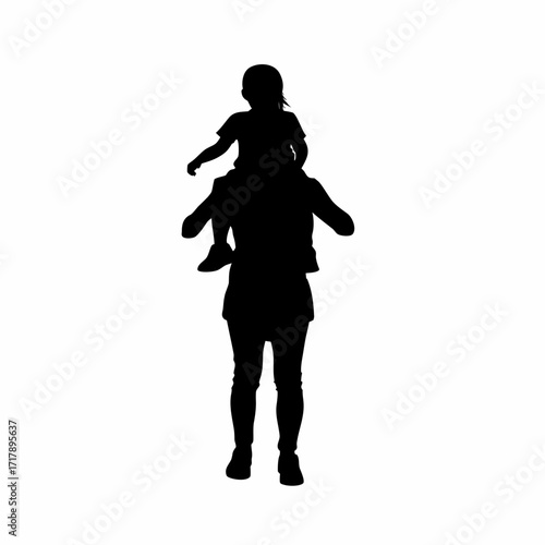 Mother giving son a piggyback ride silhouette isolated on white background