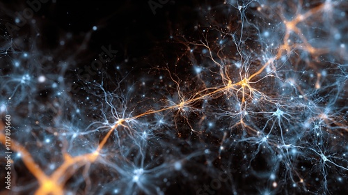 Abstract glowing neural network with a disrupted pathway, representing cognitive imperfections.