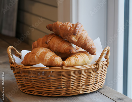 Golden brown croissants piled high in a rustic woven basket near a window with soft natural light