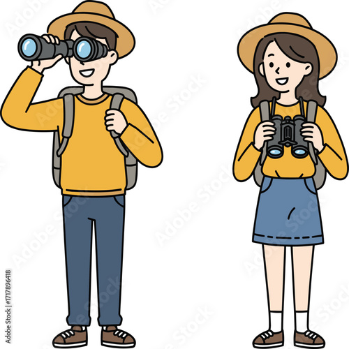 Outdoor explorers, binoculars, cartoon illustration, hiking attire, hats, backpack, skirt, pants, nature, adventure, observation, travel, character design, digital art, exploration, teamwork,