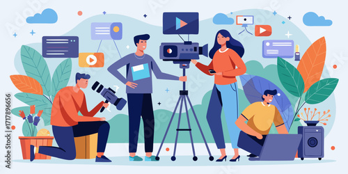 Creative team filming and editing video content on location with cameras and laptop