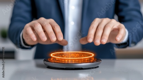 Innovative Technology Concept with Hands Gesturing Over Digital Touchscreen Device