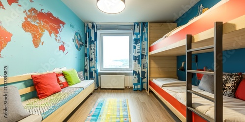 A small, colorful bedroom features a bunk bed with a world map mural on the wall. A small sofa with cushions sits against the wall