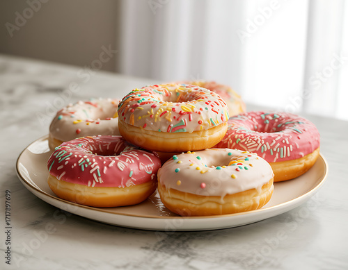 Delicious assortment of frosted donuts with sprinkles on a white plate