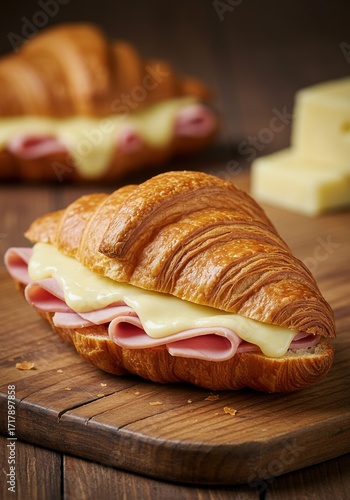 Delicious Ham and Cheese Croissant Sandwich on Wooden Board