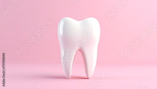 A single, glossy white tooth stands out against a vibrant pink backdrop.
