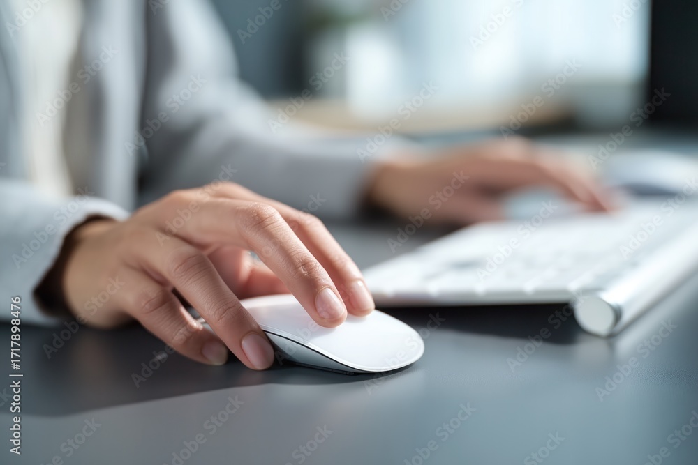 Fototapeta premium Professional Workspace: Hand Using Computer Mouse and Keyboard for Efficient Office Tasks
