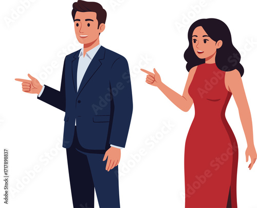 Stylish characters, pointing gesture, business attire, red dress, blue suit, teamwork pose, confident stance, direction, fashion, professional scene