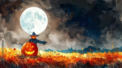 Minimalist abstract halloween pumpkin scarecrow on a wide field with the moon on a scary night, watercolor illustration