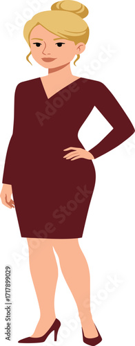 Stylish woman character, red dress, high heels, blonde hair bun, fashion pose, lifestyle illustration, elegance, outfit design, modern look