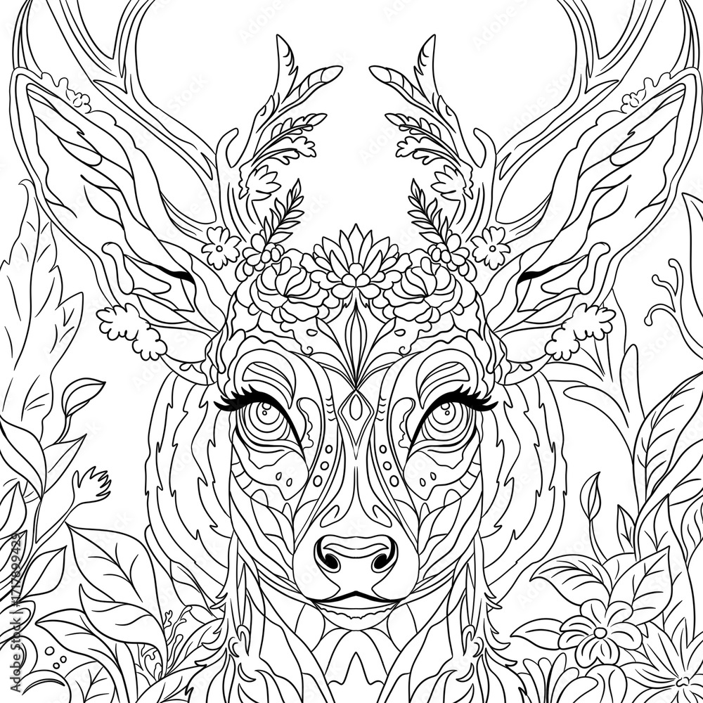 Fototapeta premium Deer with floral ornament coloring page 