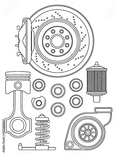 Automotive engine and brake system components line art illustration