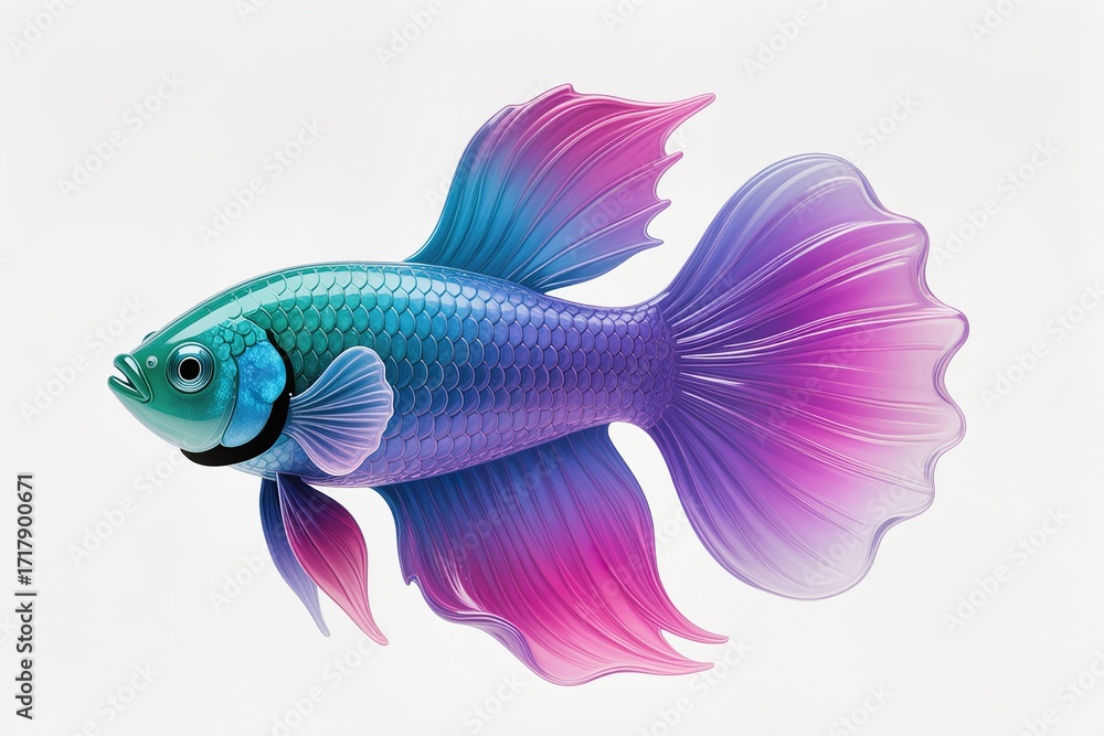 Fototapeta premium a Gradient Betta fish with 3D glass effect, modern digital art, white base
