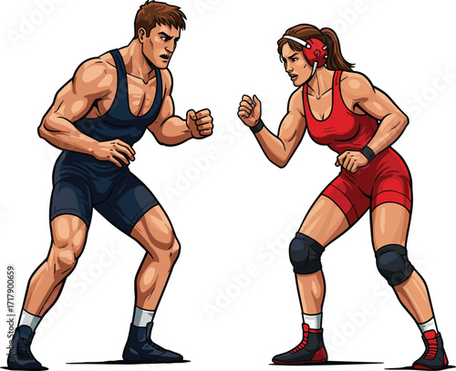Wrestlers face off in ready stance, blue and red singlets, combat sport posture, strength, discipline, training, agility, gear, competition