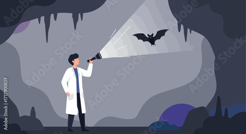 Researcher's Cave Exploration Illuminating Bat, Illustrating Science and Discovery